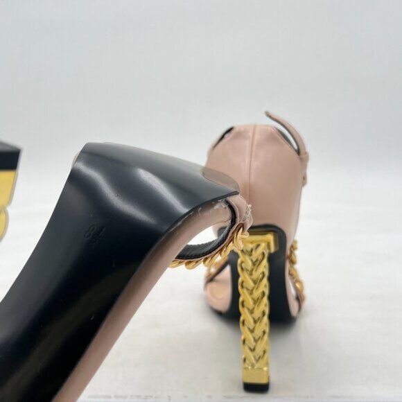 FYS Beige Sexy Golden Metal Chunky High Heel Chains Decor Open Toe Dressy Sandal - Picture 6 of 8